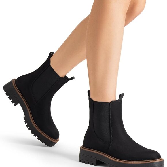 Women's Chelsea Ankle Boots Faux Leather Suede 8.5 Low Heel Lug Sole Fall Shoes - Picture 6 of 7